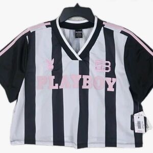PLAYBOY Kids Black and White Striped Jersey with Pink Accents